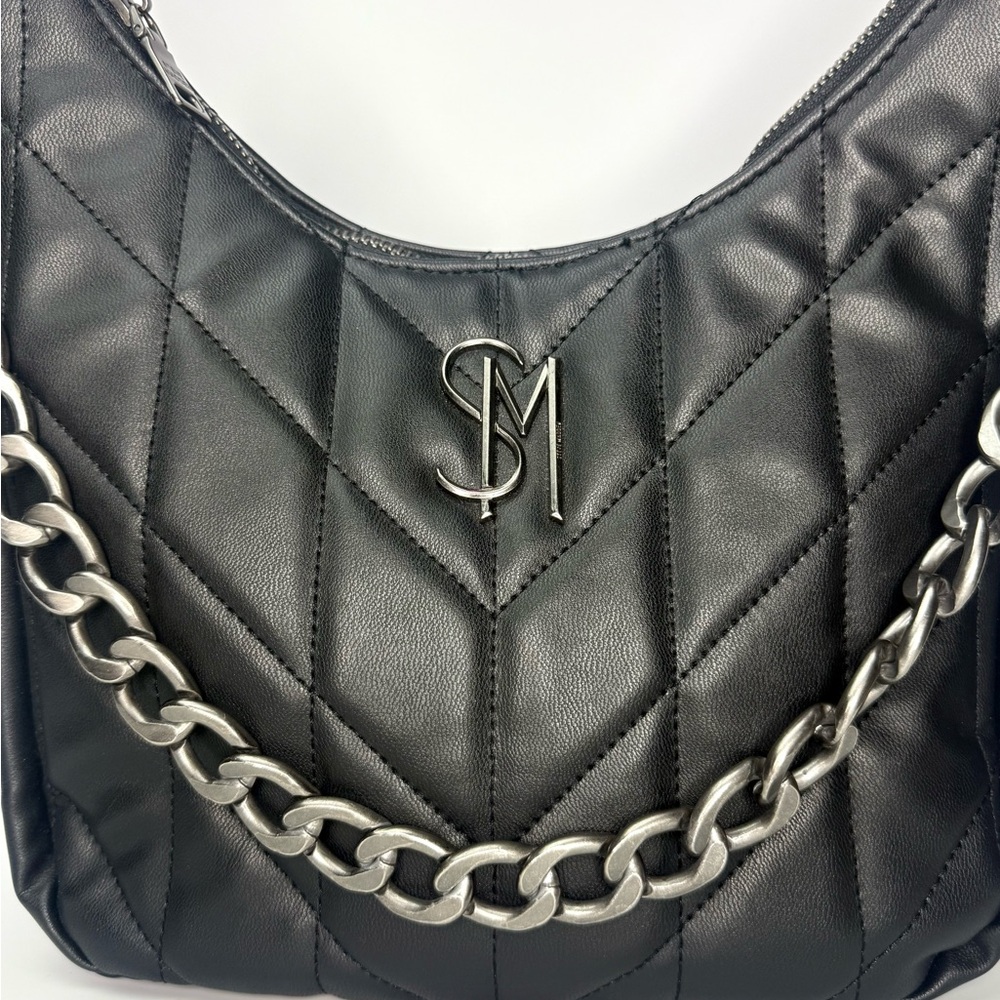 Steve Madden Black Quilted Hobo Bag Silver Chain Accent